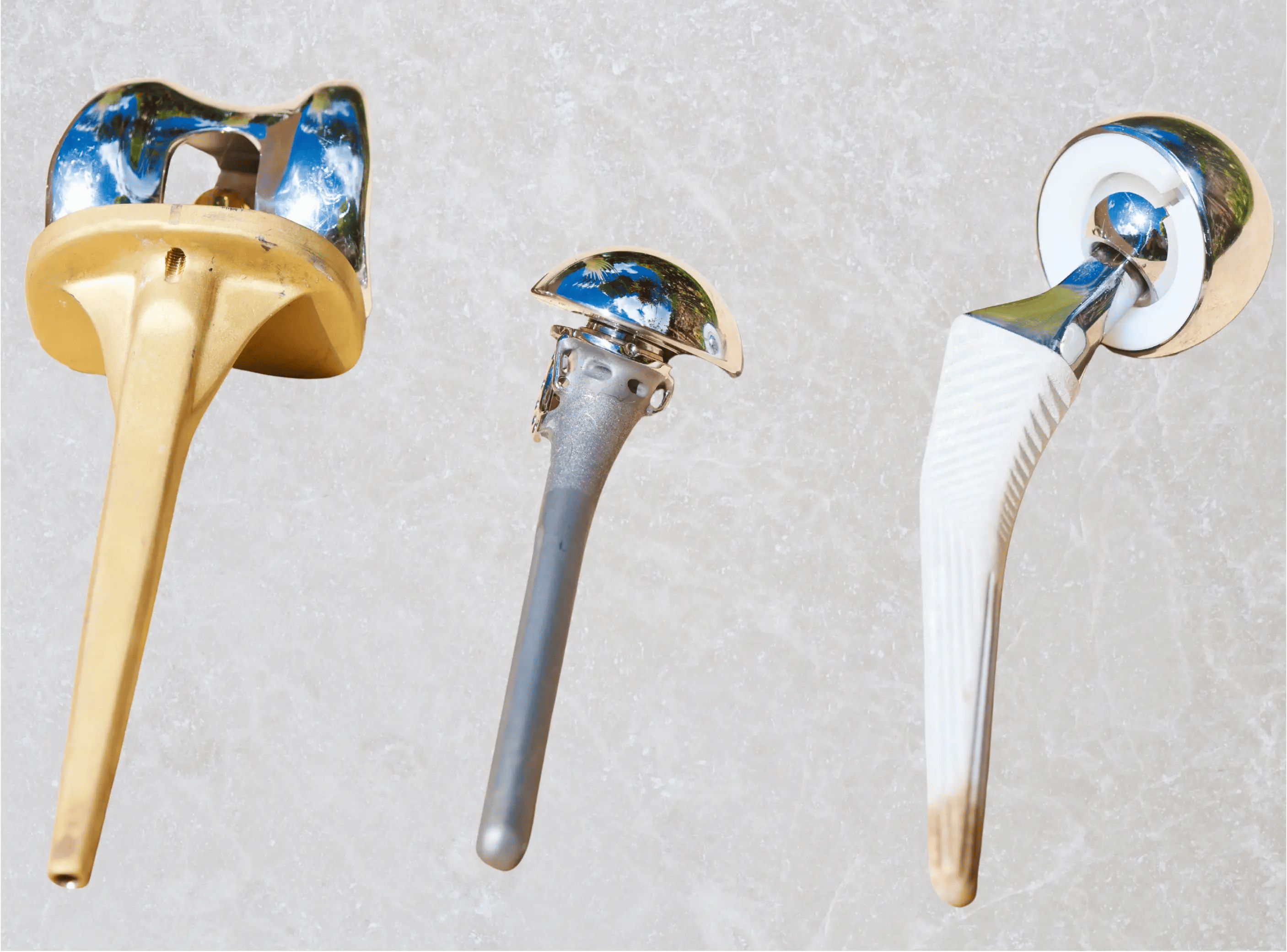close up of knee shoulder & hip prosthesis